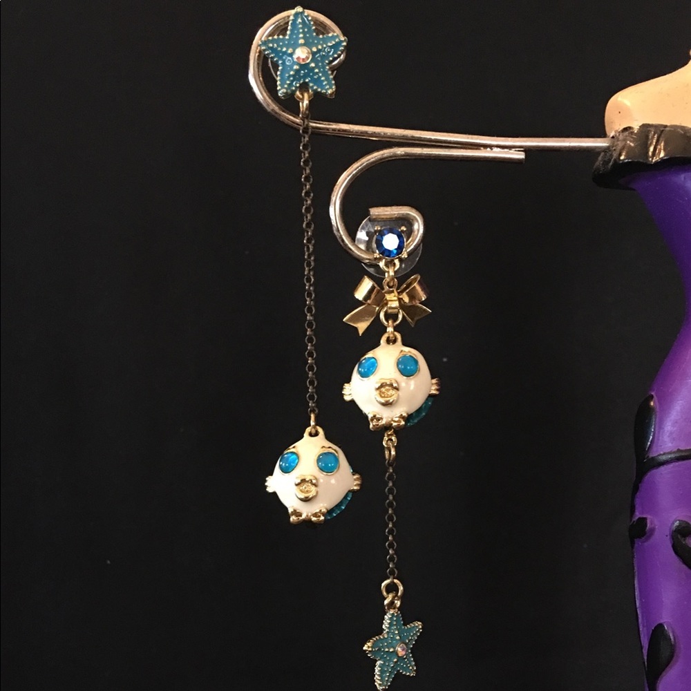 Under The Sea Blue Blowfish Mismatch Drop Earrings
